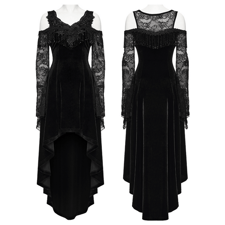 Elegant Black Gothic Velvet High-Low Dress with Lace Sleeves - image 3