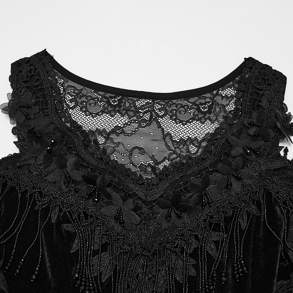 Elegant Black Gothic Velvet High-Low Dress with Lace Sleeves - image 8