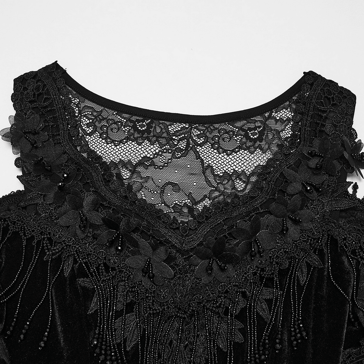 Elegant Black Gothic Velvet High-Low Dress with Lace Sleeves - image 8
