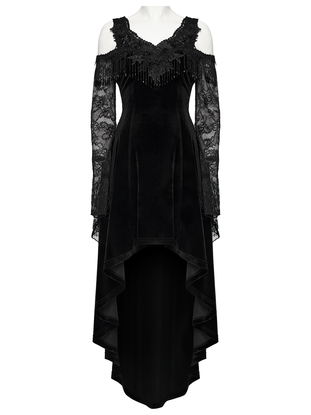 Elegant Black Gothic Velvet High-Low Dress with Lace Sleeves - image 4