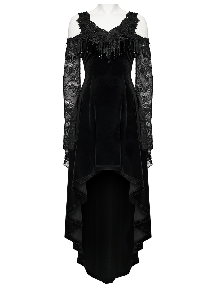 Elegant Black Gothic Velvet High-Low Dress with Lace Sleeves - image 4