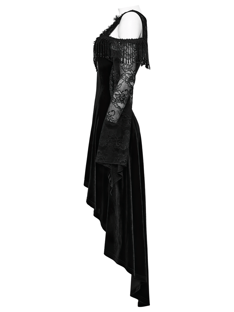 Elegant Black Gothic Velvet High-Low Dress with Lace Sleeves - image 5