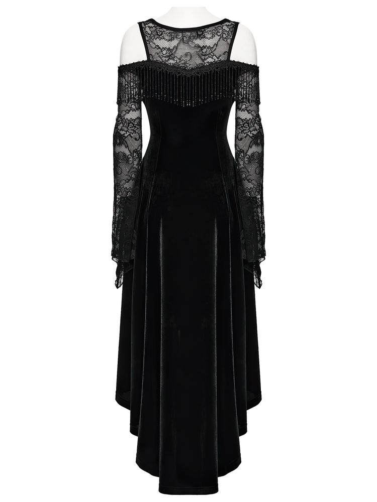 Elegant Black Gothic Velvet High-Low Dress with Lace Sleeves - image 6