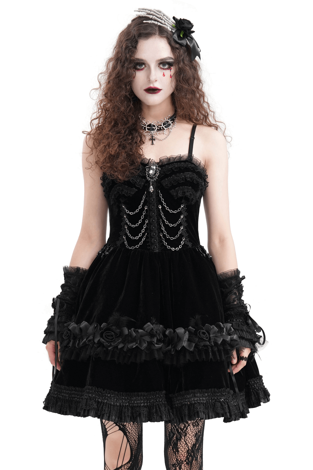 Elegant Black Lace Evening Dress with Beads and Chains - image 1