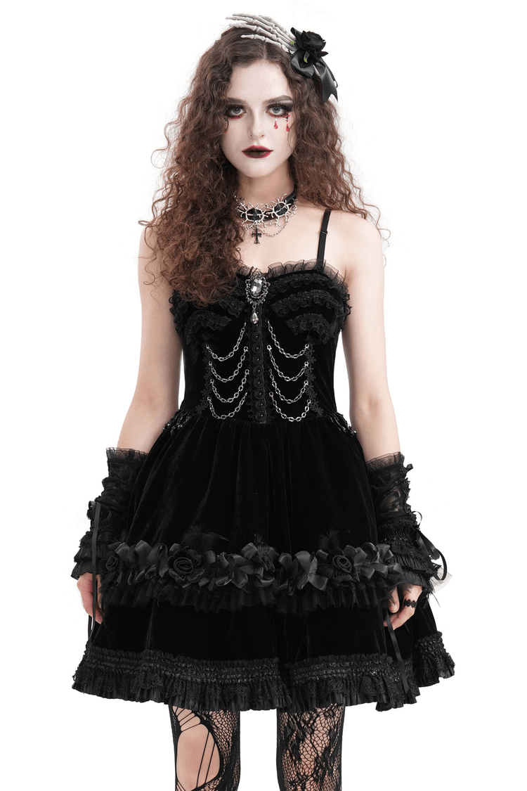 Elegant Black Lace Evening Dress with Beads and Chains - image 1