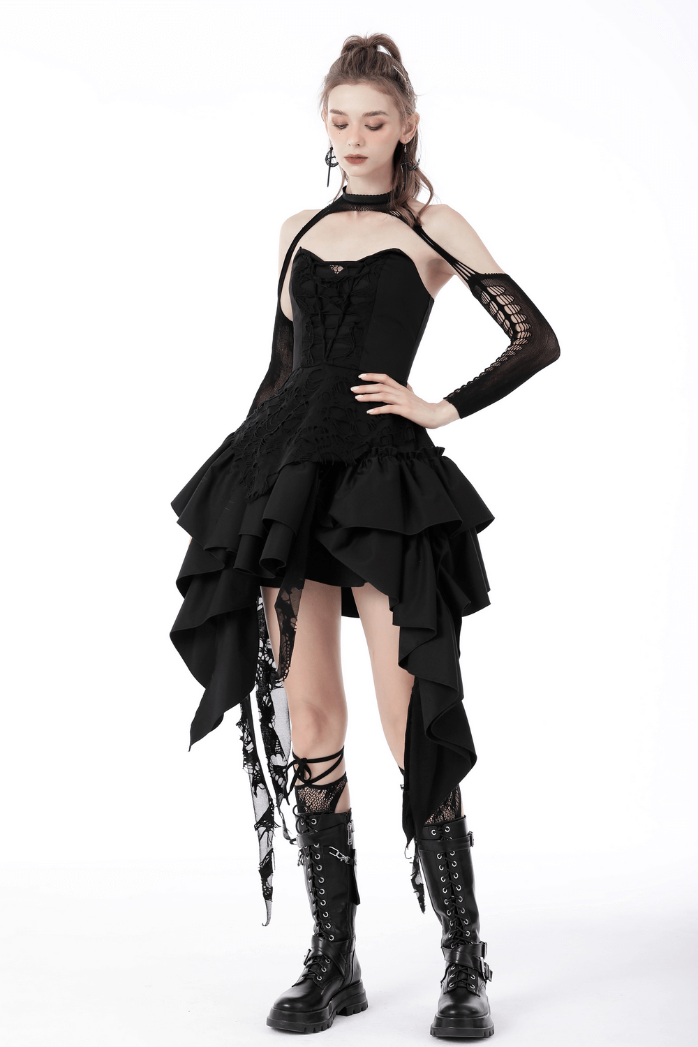 Elegant Black Torn Dress with Asymmetric Ruffled Hem - image 13
