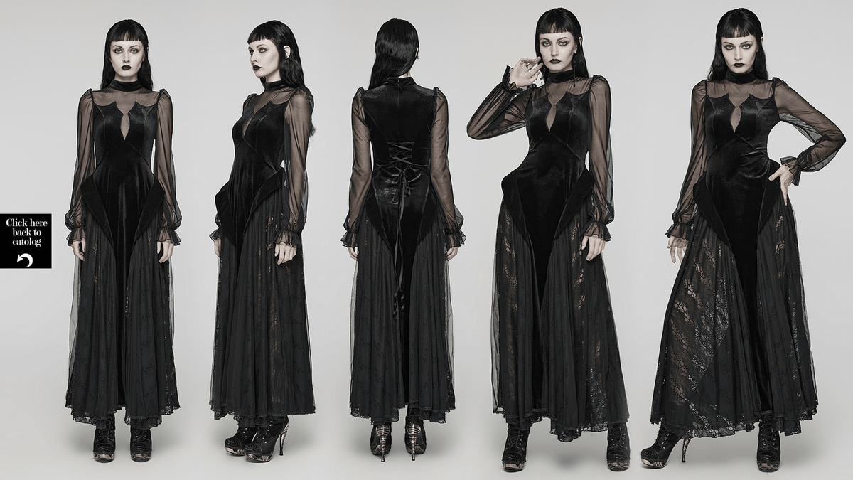 Elegant Black Velvet Mesh Dress with Gothic Charm - image 14