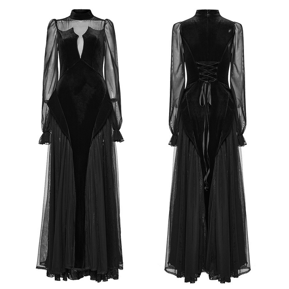 Elegant Black Velvet Mesh Dress with Gothic Charm - image 3