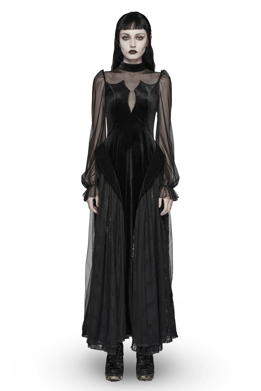 Elegant Black Velvet Mesh Dress with Gothic Charm - image 1
