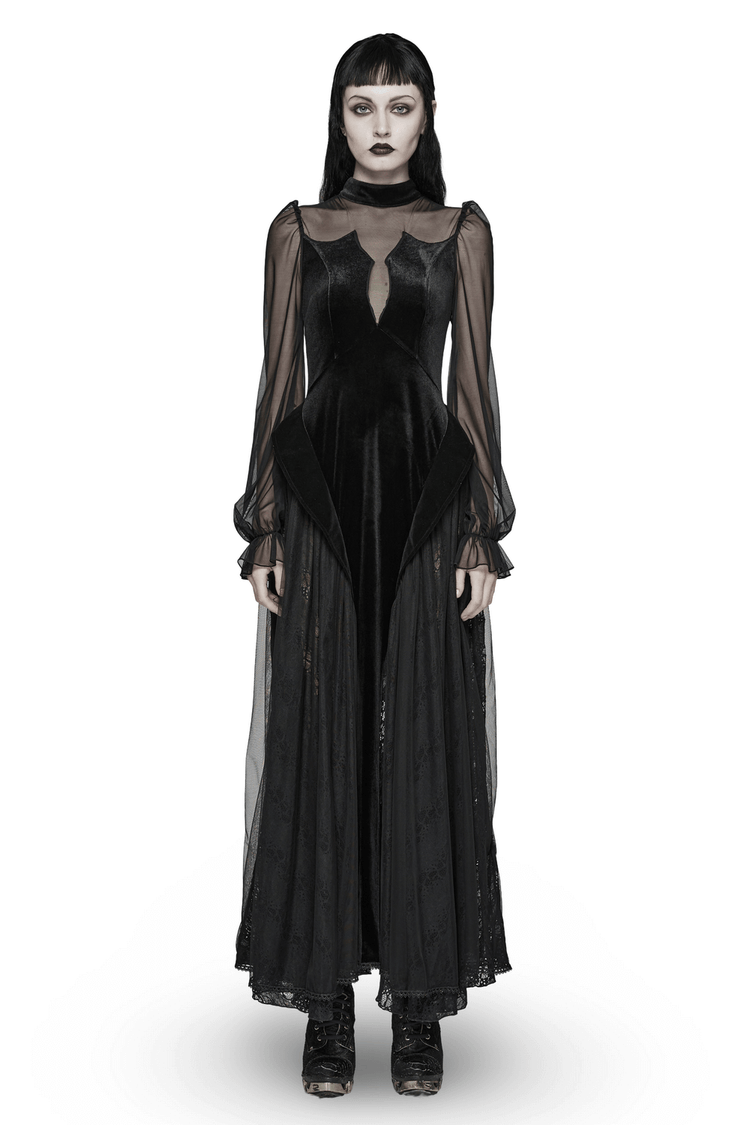 Elegant Black Velvet Mesh Dress with Gothic Charm - image 1