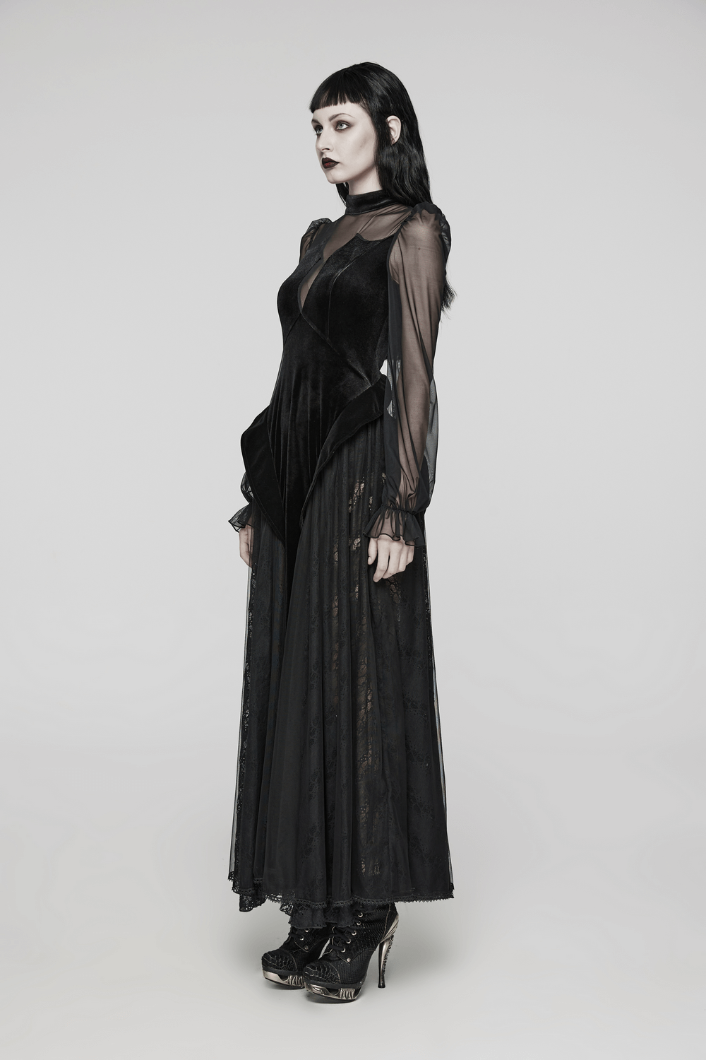 Elegant Black Velvet Mesh Dress with Gothic Charm - image 12