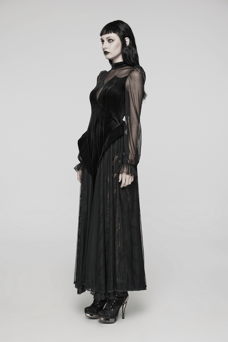 Elegant Black Velvet Mesh Dress with Gothic Charm - image 12