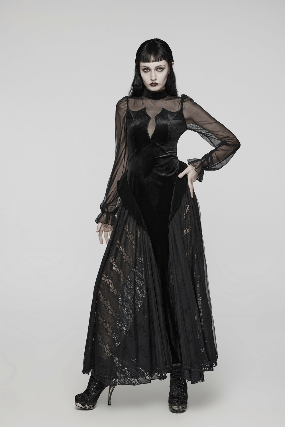 Elegant Black Velvet Mesh Dress with Gothic Charm - image 13