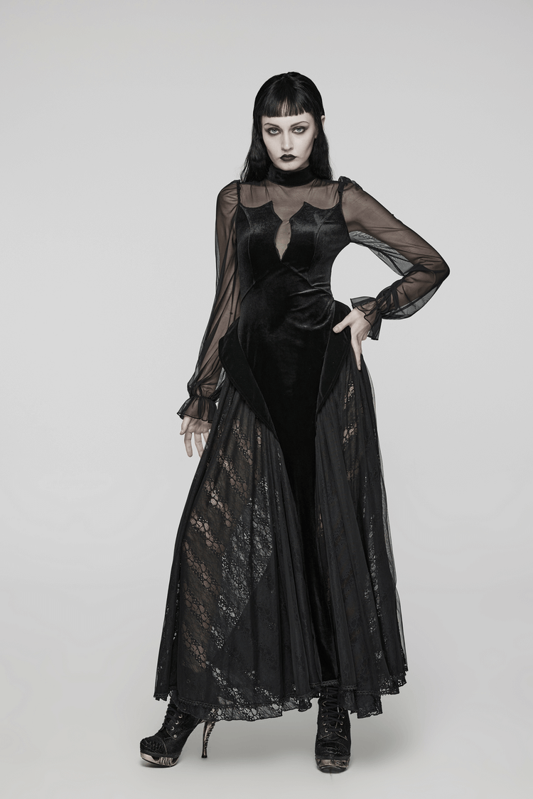 Elegant Black Velvet Mesh Dress with Gothic Charm - image 13