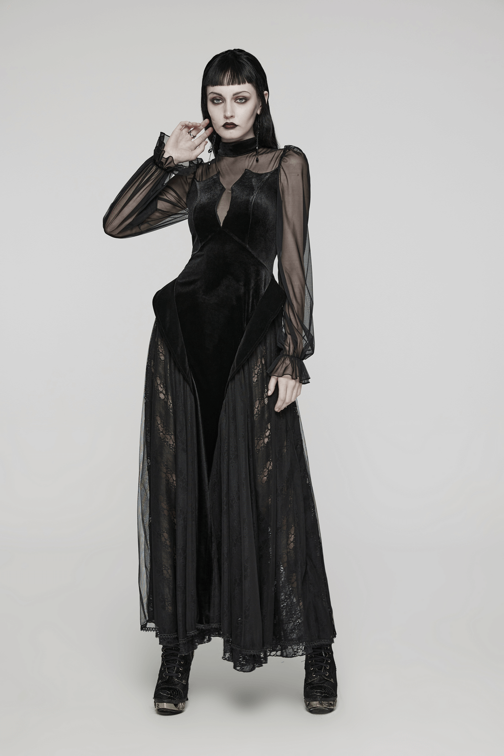 Elegant Black Velvet Mesh Dress with Gothic Charm - image 11