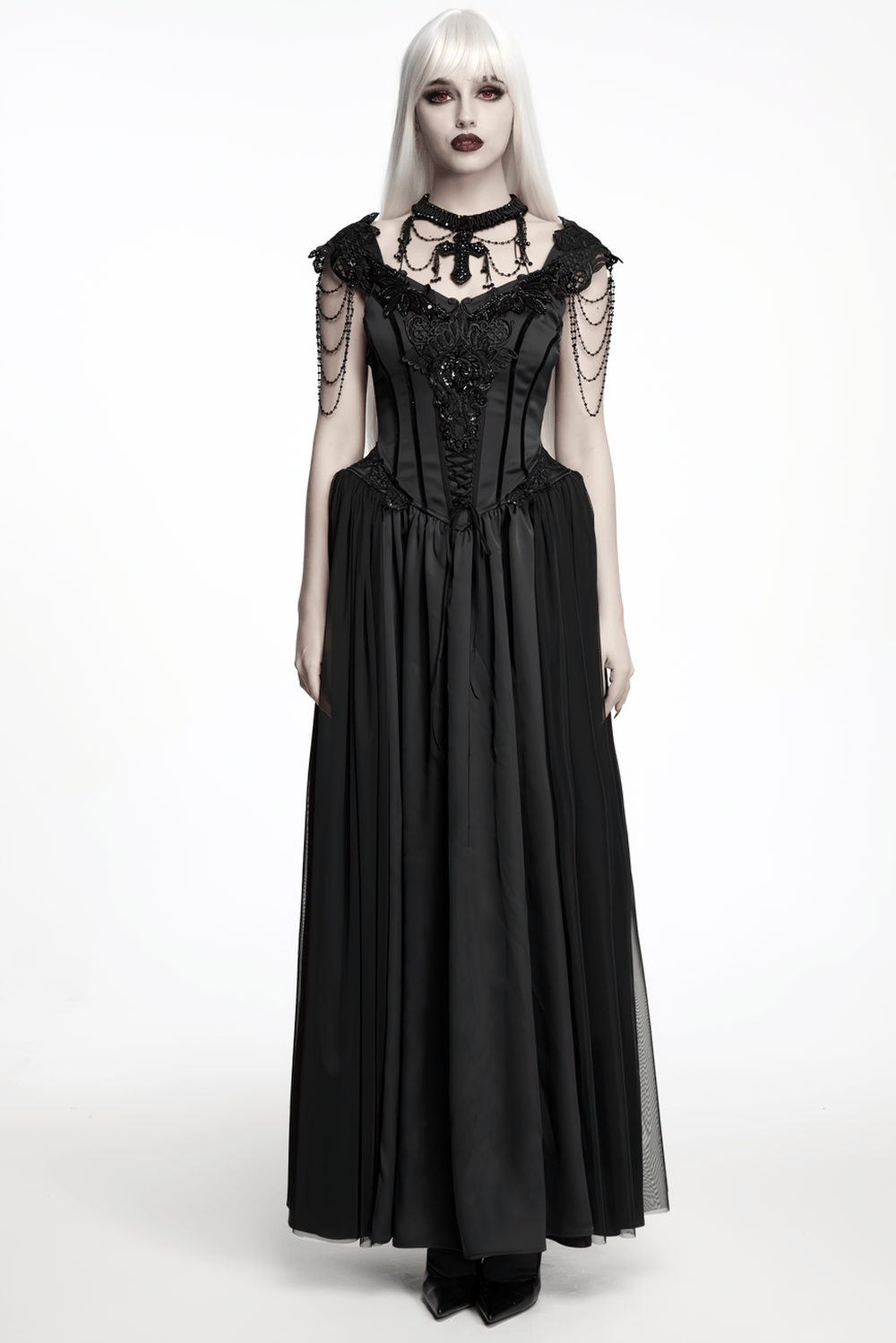 Elegant Black Victorian Gothic Lace Corset Maxi Dress - image 12