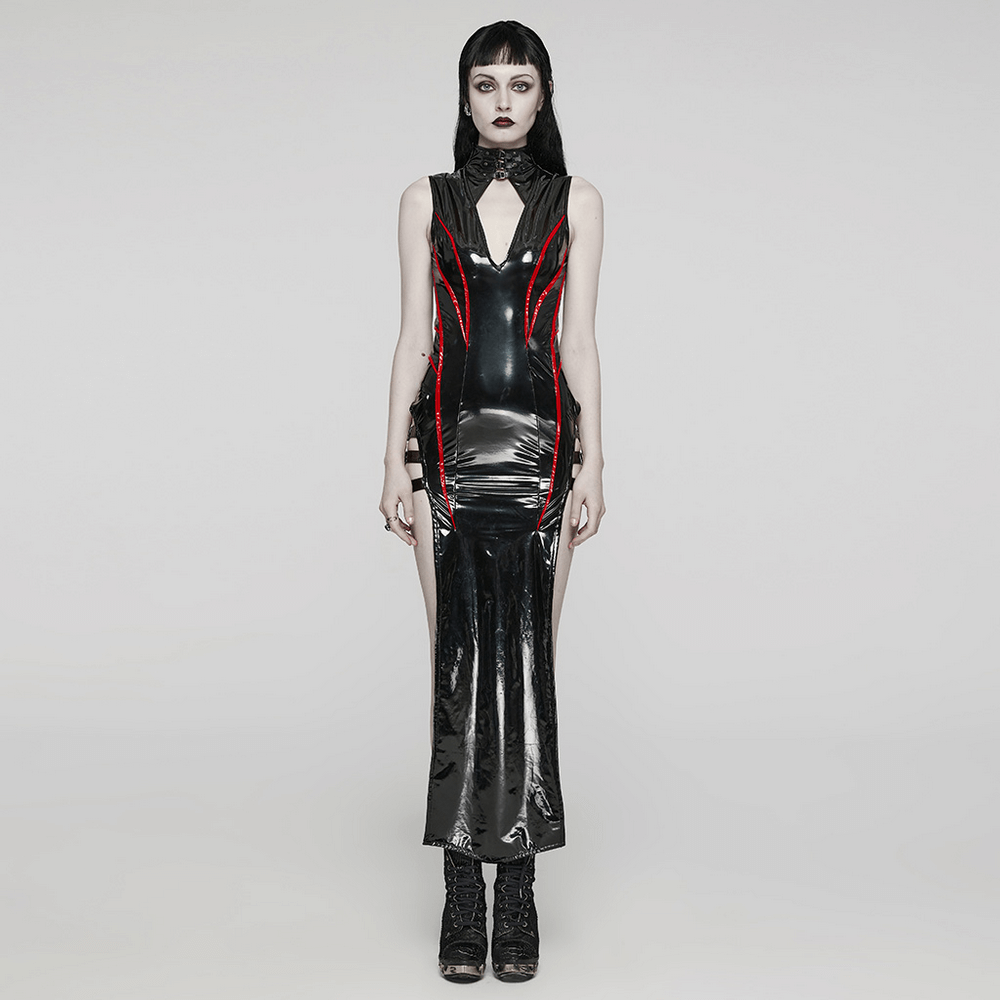 Elegant Black Vinyl Long Dress with Red Ribbons - image 13