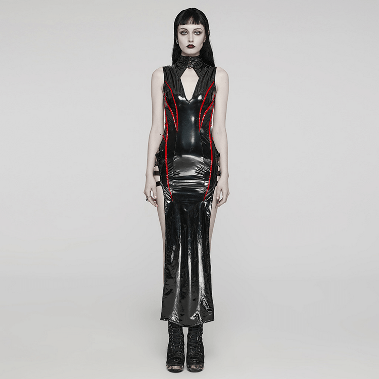 Elegant Black Vinyl Long Dress with Red Ribbons - image 13