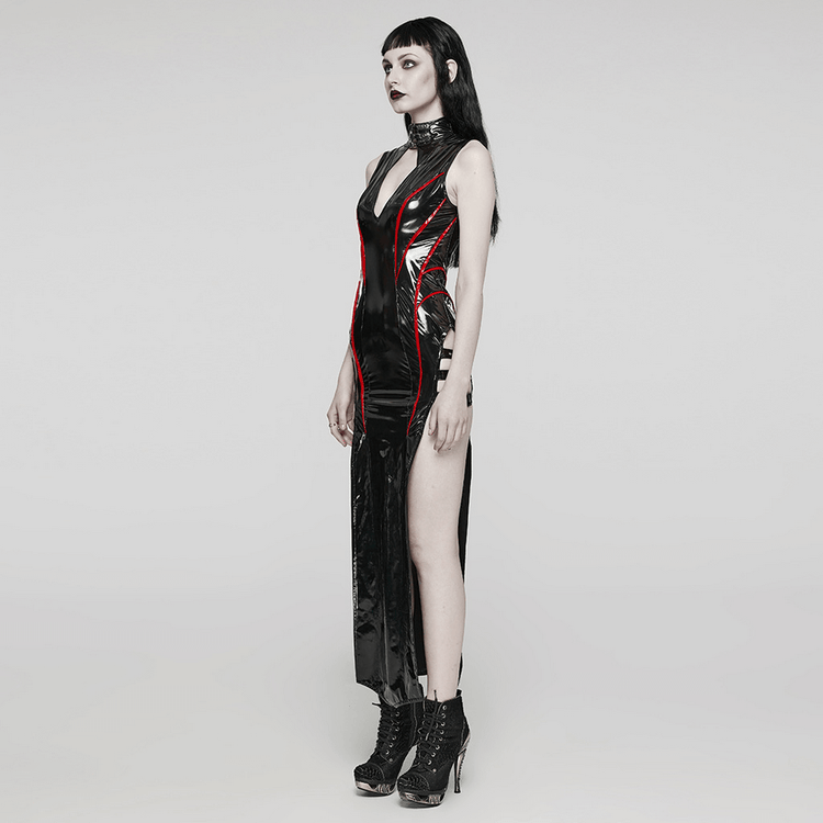 Elegant Black Vinyl Long Dress with Red Ribbons - image 14