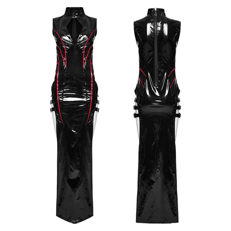 Elegant Black Vinyl Long Dress with Red Ribbons - image 3