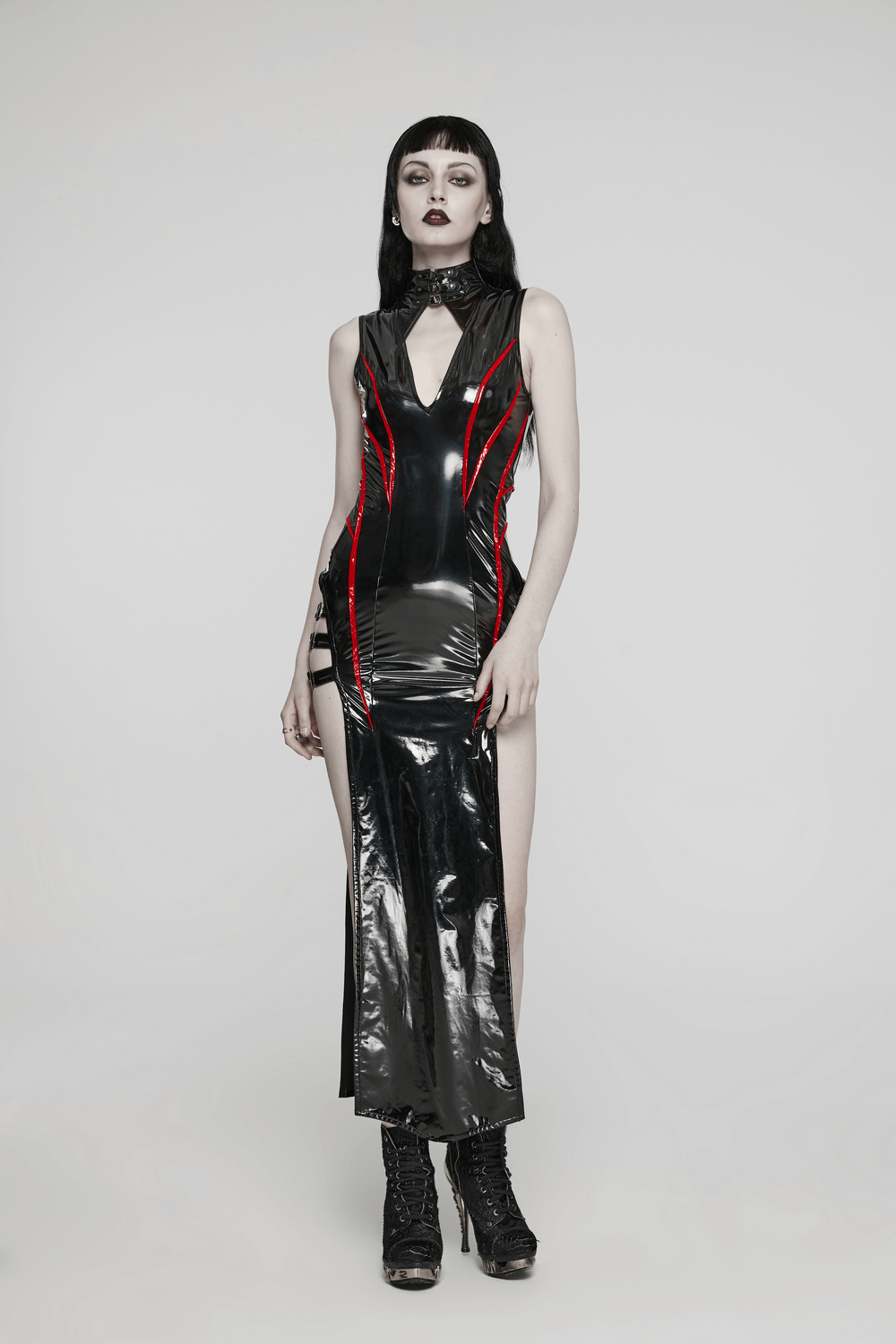 Elegant Black Vinyl Long Dress with Red Ribbons - image 12
