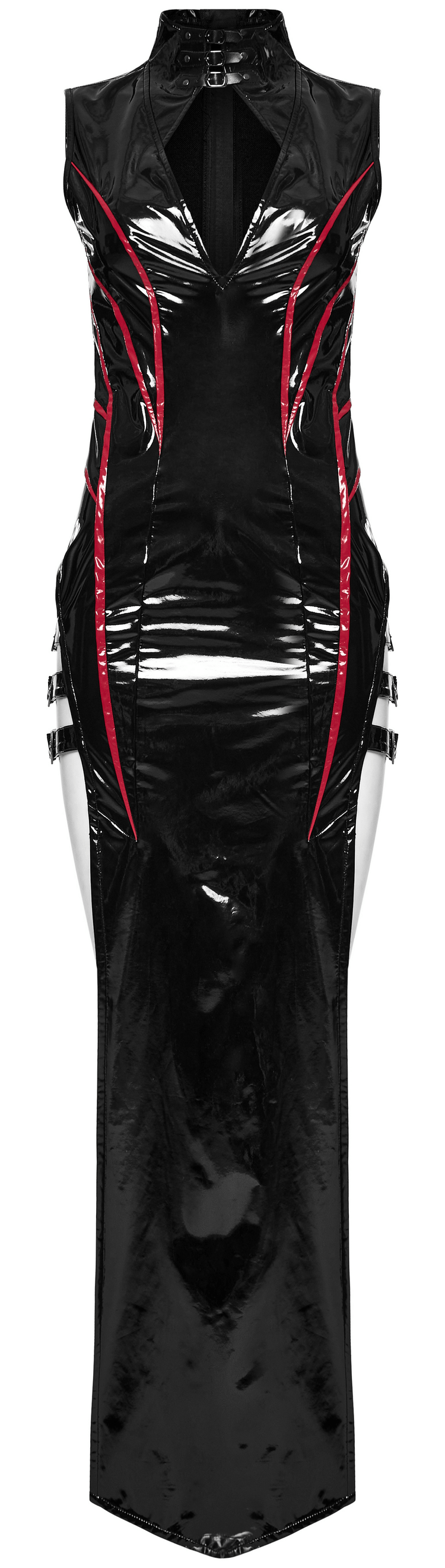 Elegant Black Vinyl Long Dress with Red Ribbons - image 4