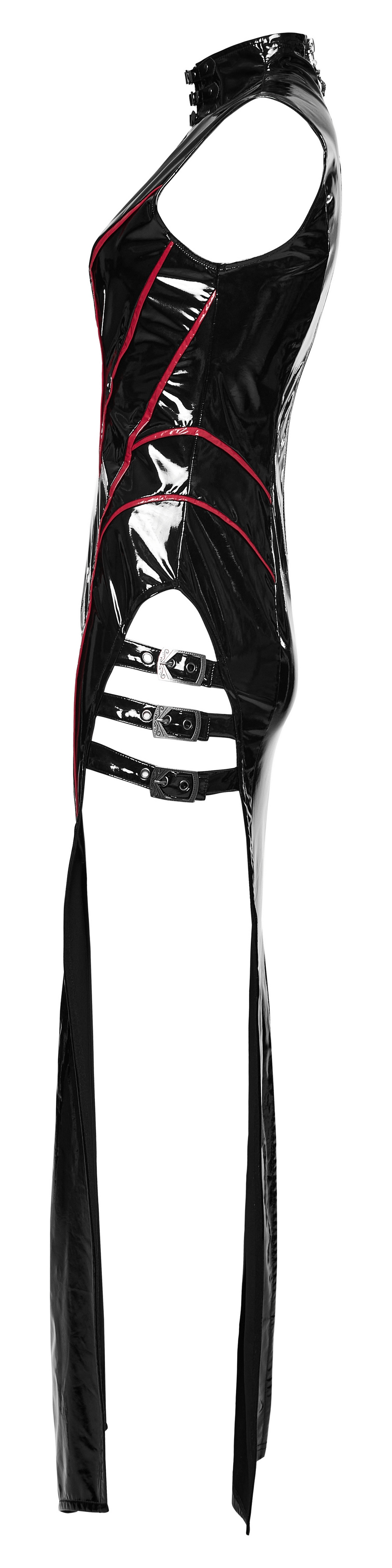Elegant Black Vinyl Long Dress with Red Ribbons - image 5