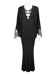 Elegant Deep V-neck Design Long Mermaid Dress / Gothic Black Lace Dress with Cape Sleeves - image 3