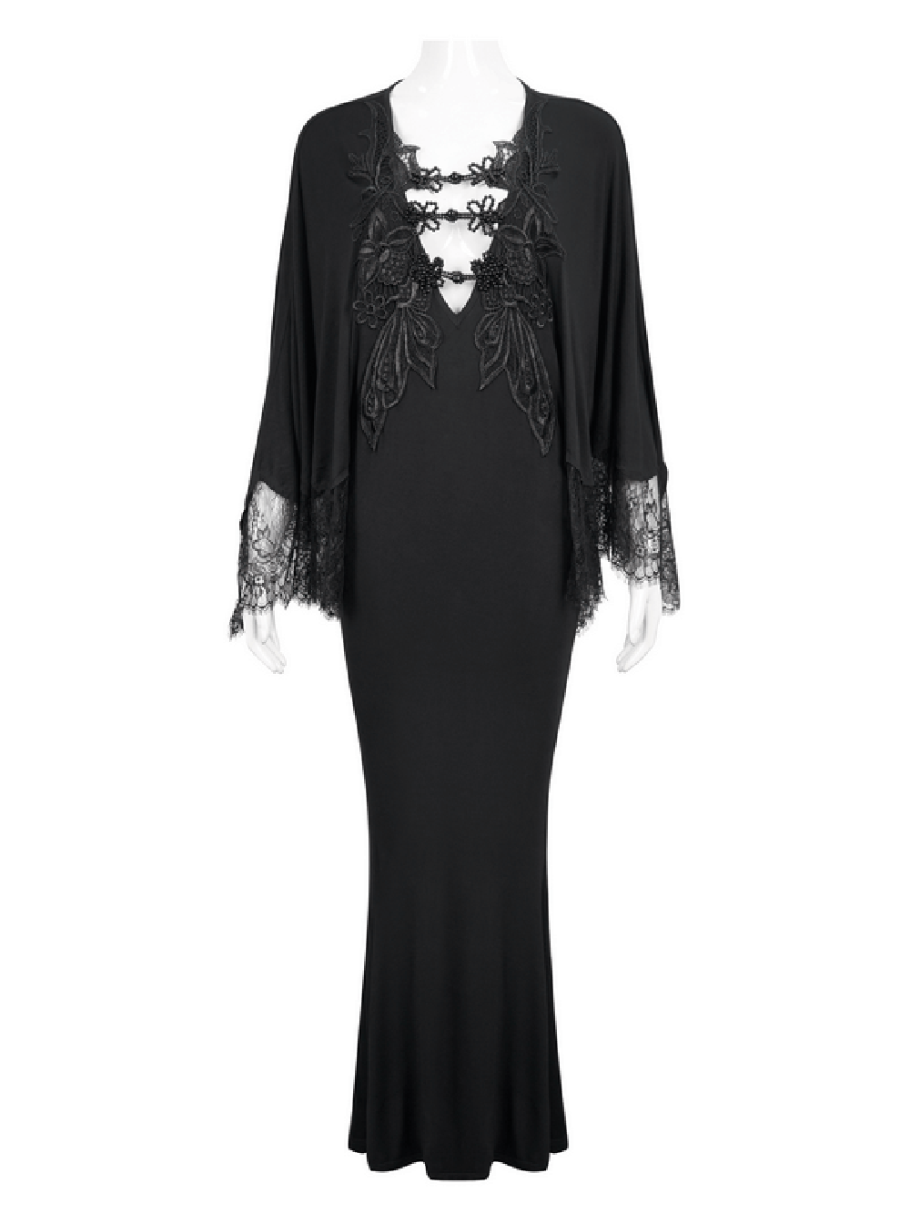 Elegant Deep V-neck Design Long Mermaid Dress / Gothic Black Lace Dress with Cape Sleeves - image 3