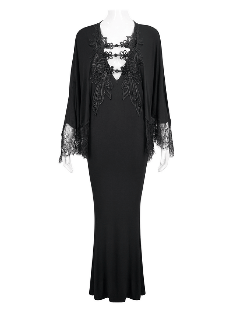 Elegant Deep V-neck Design Long Mermaid Dress / Gothic Black Lace Dress with Cape Sleeves - image 3