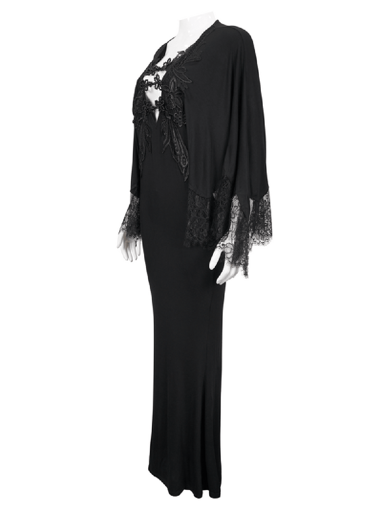 Elegant Deep V-neck Design Long Mermaid Dress / Gothic Black Lace Dress with Cape Sleeves - image 4