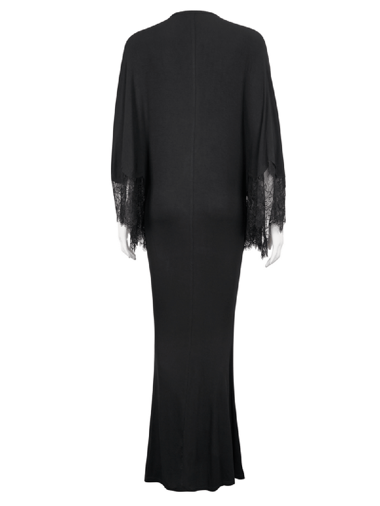 Elegant Deep V-neck Design Long Mermaid Dress / Gothic Black Lace Dress with Cape Sleeves - image 5