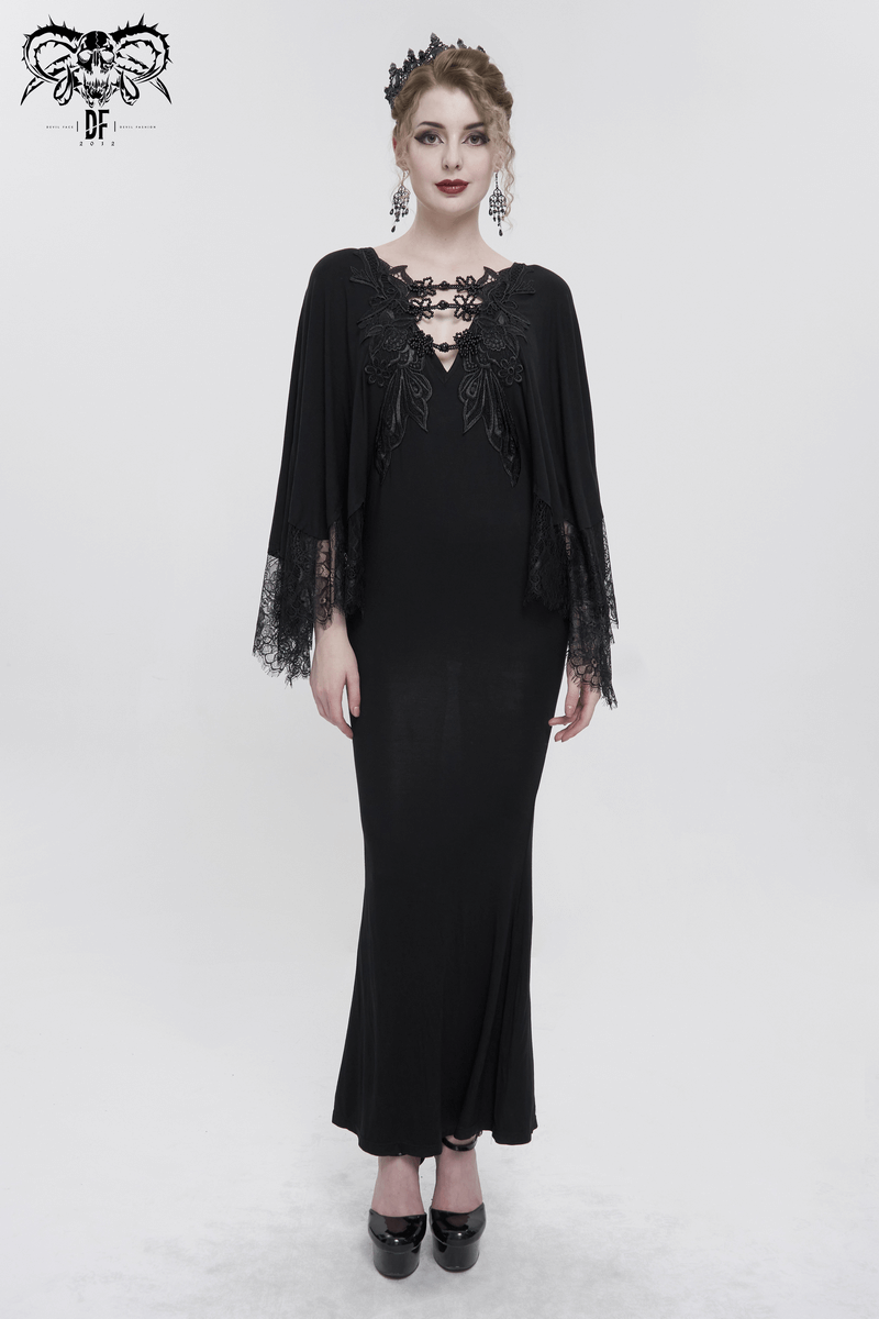 Elegant Deep V-neck Design Long Mermaid Dress / Gothic Black Lace Dress with Cape Sleeves - image 13