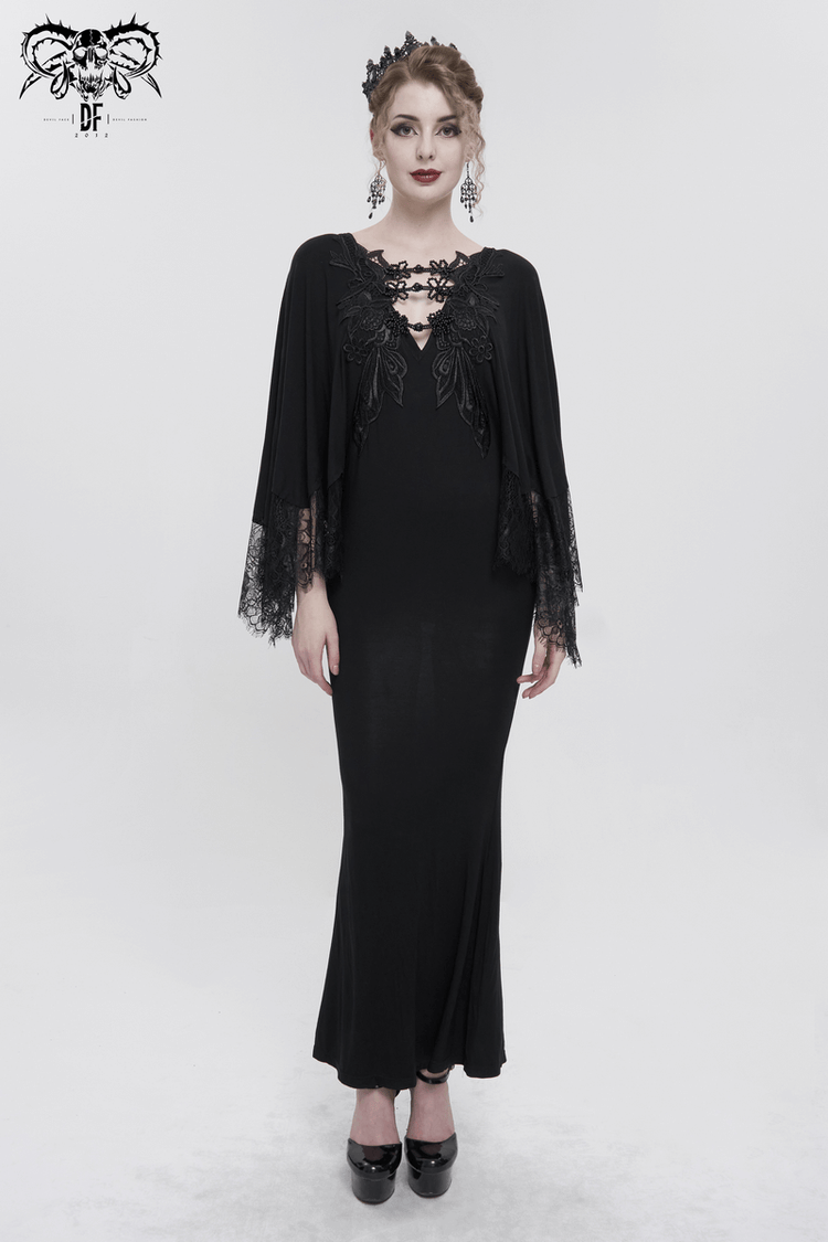 Elegant Deep V-neck Design Long Mermaid Dress / Gothic Black Lace Dress with Cape Sleeves - image 13