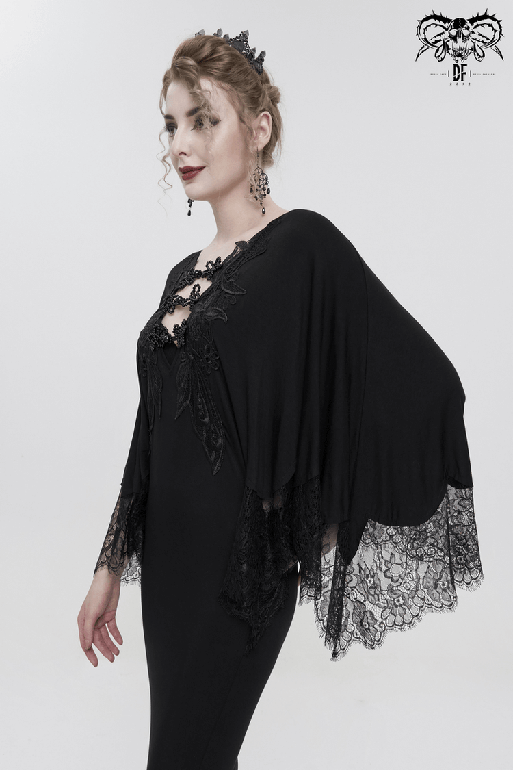 Elegant Deep V-neck Design Long Mermaid Dress / Gothic Black Lace Dress with Cape Sleeves - image 12