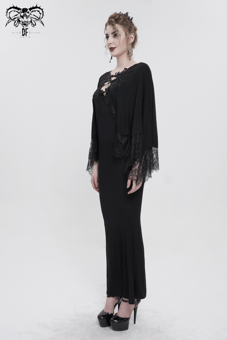 Elegant Deep V-neck Design Long Mermaid Dress / Gothic Black Lace Dress with Cape Sleeves - image 15