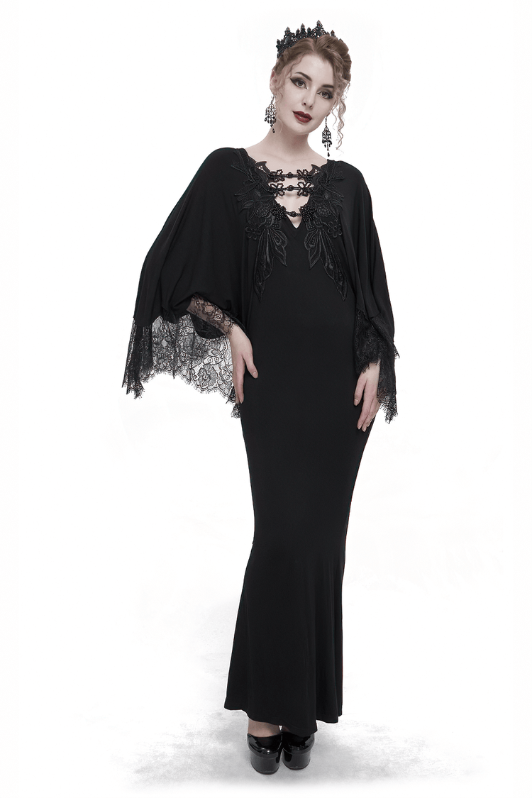 Elegant Deep V-neck Design Long Mermaid Dress / Gothic Black Lace Dress with Cape Sleeves - image 1
