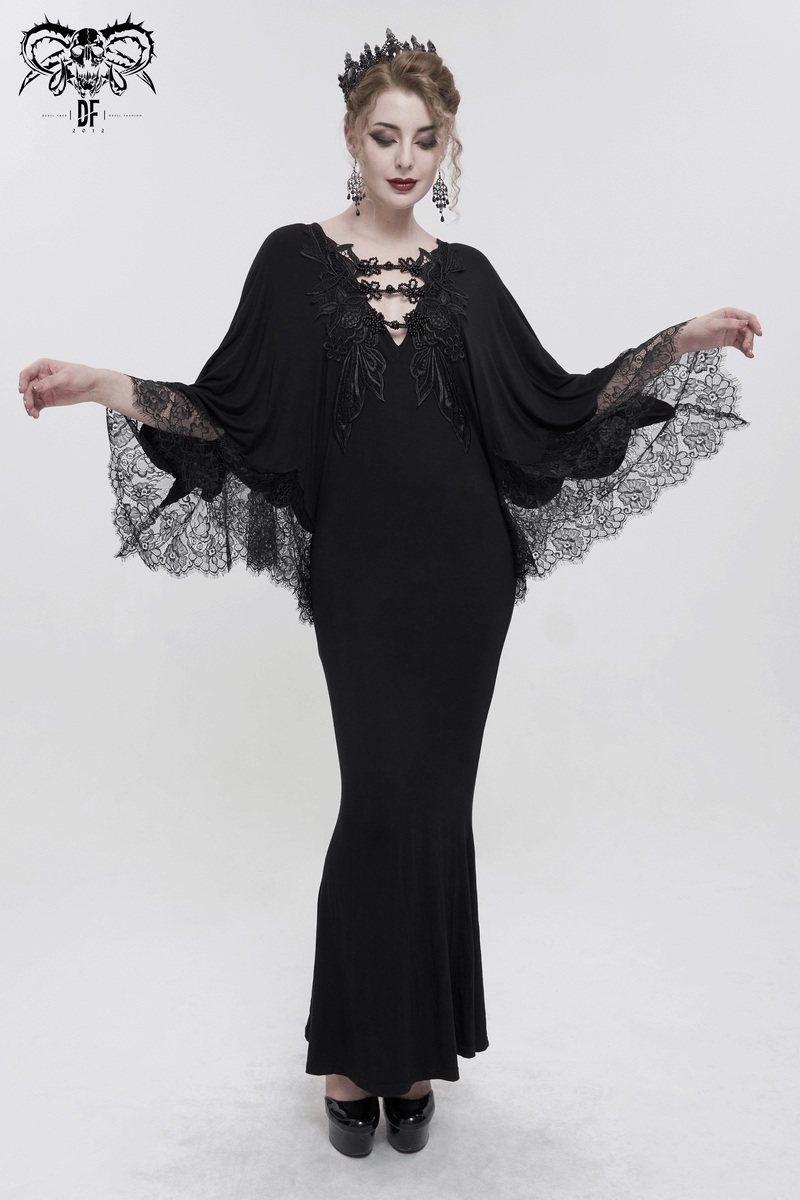 Elegant Deep V-neck Design Long Mermaid Dress / Gothic Black Lace Dress with Cape Sleeves - image 14