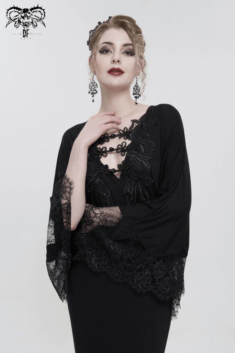 Elegant Deep V-neck Design Long Mermaid Dress / Gothic Black Lace Dress with Cape Sleeves - image 11