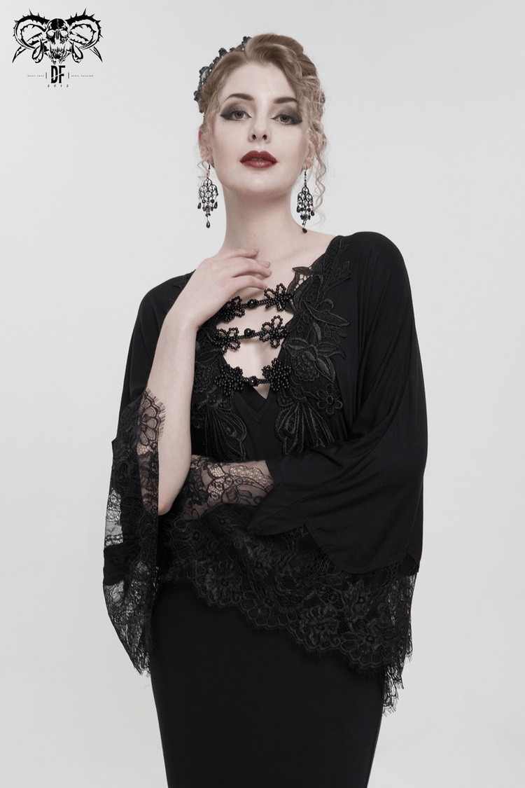 Elegant Deep V-neck Design Long Mermaid Dress / Gothic Black Lace Dress with Cape Sleeves - image 11