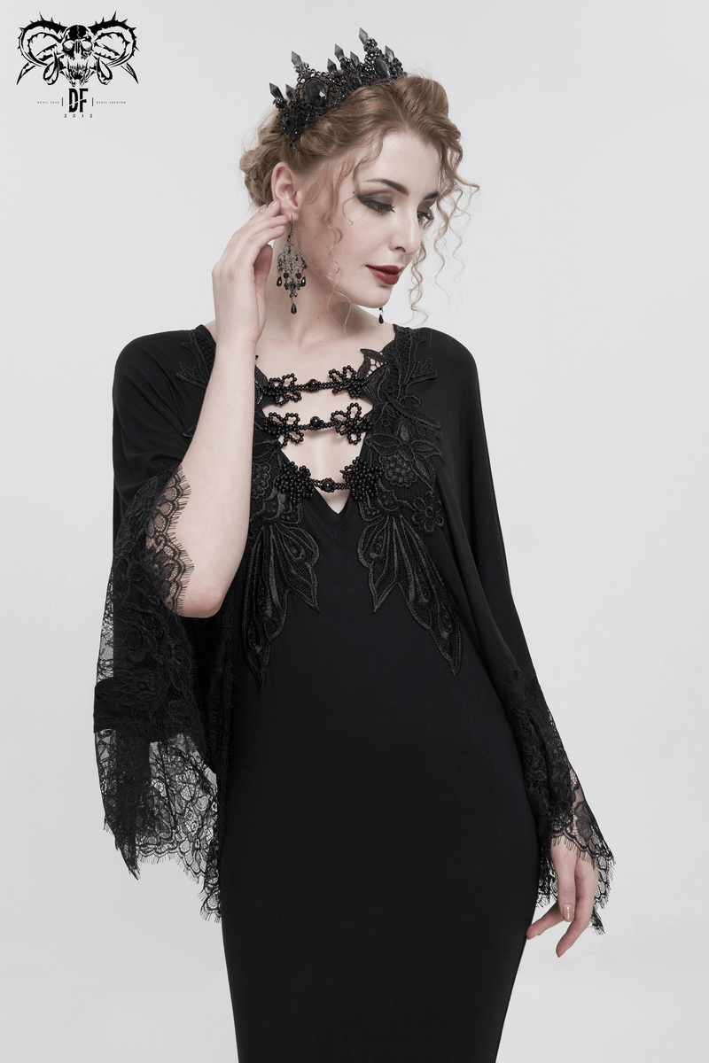 Elegant Deep V-neck Design Long Mermaid Dress / Gothic Black Lace Dress with Cape Sleeves - image 10