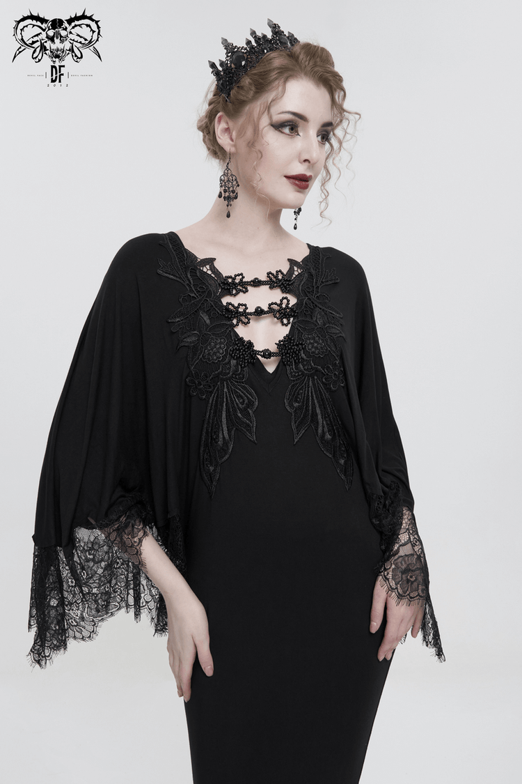 Elegant Deep V-neck Design Long Mermaid Dress / Gothic Black Lace Dress with Cape Sleeves - image 9