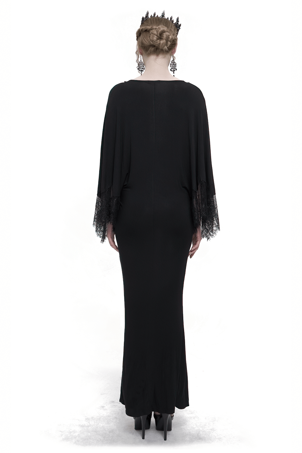 Elegant Deep V-neck Design Long Mermaid Dress / Gothic Black Lace Dress with Cape Sleeves - image 2