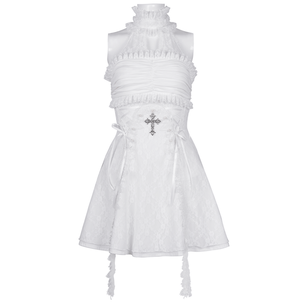 Elegant Female White Halter Dress with Ruffle Details - image 3