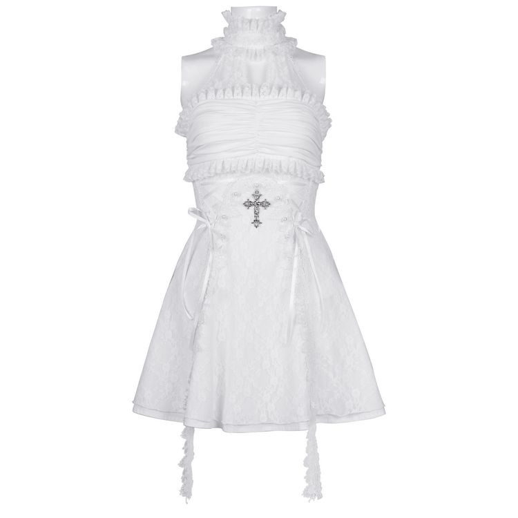 Elegant Female White Halter Dress with Ruffle Details - image 3