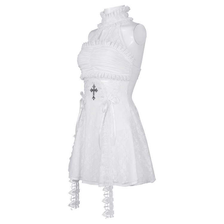 Elegant Female White Halter Dress with Ruffle Details - image 4
