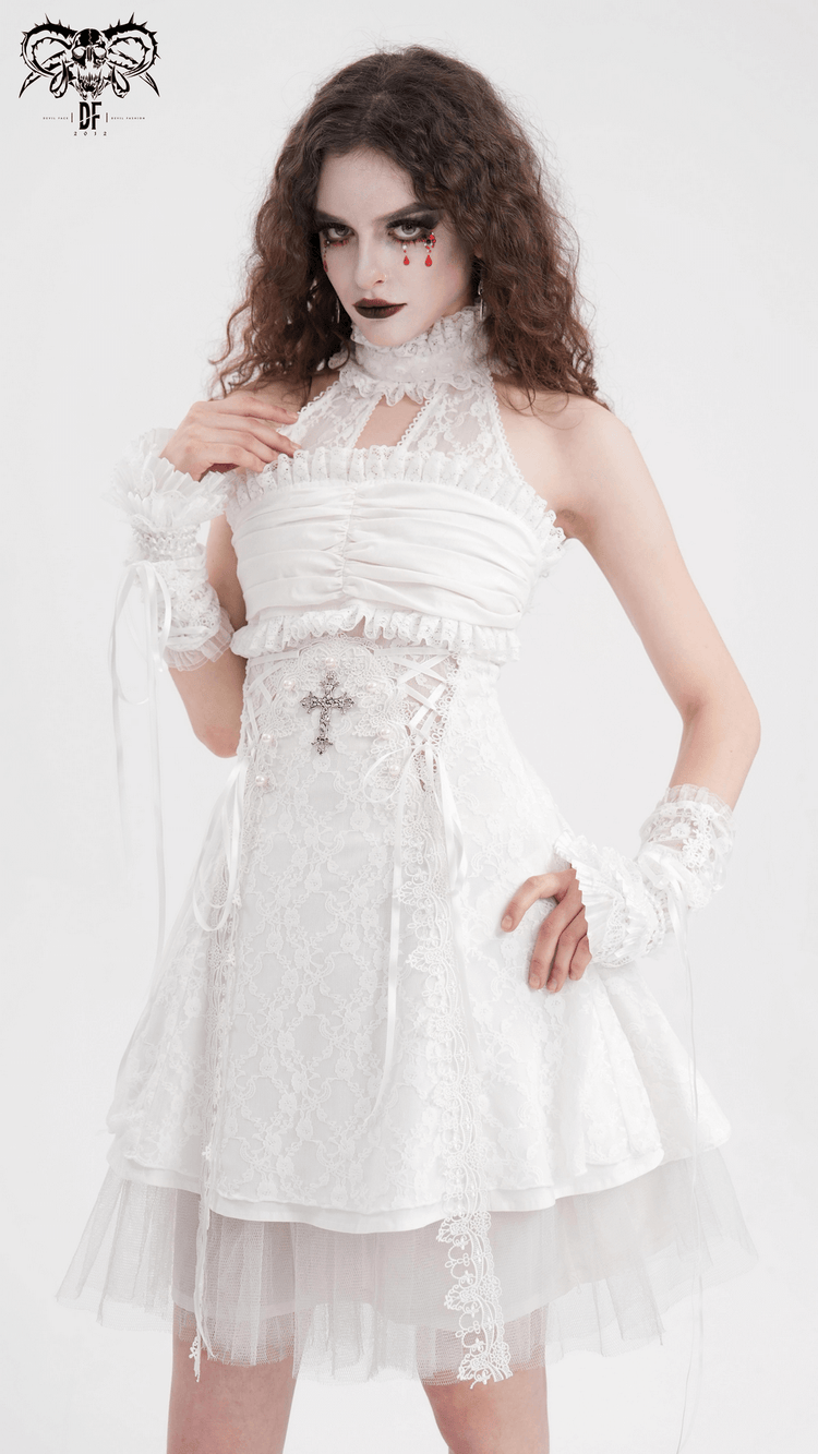 Elegant Female White Halter Dress with Ruffle Details - image 14