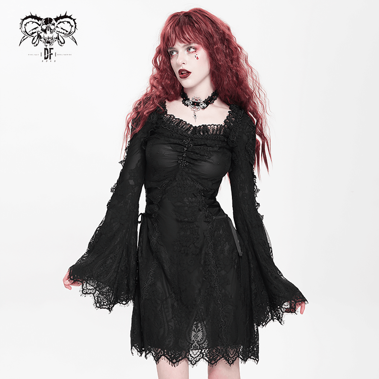 Elegant Gothic Black Lace Mini Dress with Flared Sleeves - image 14