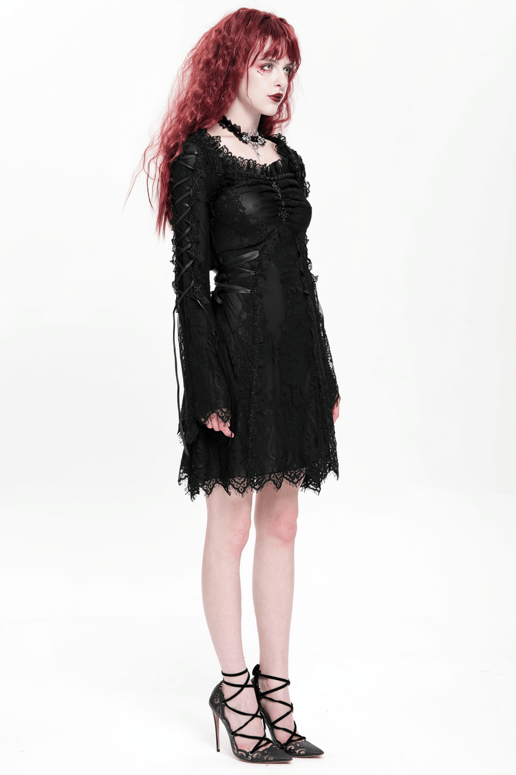 Elegant Gothic Black Lace Mini Dress with Flared Sleeves - image 20