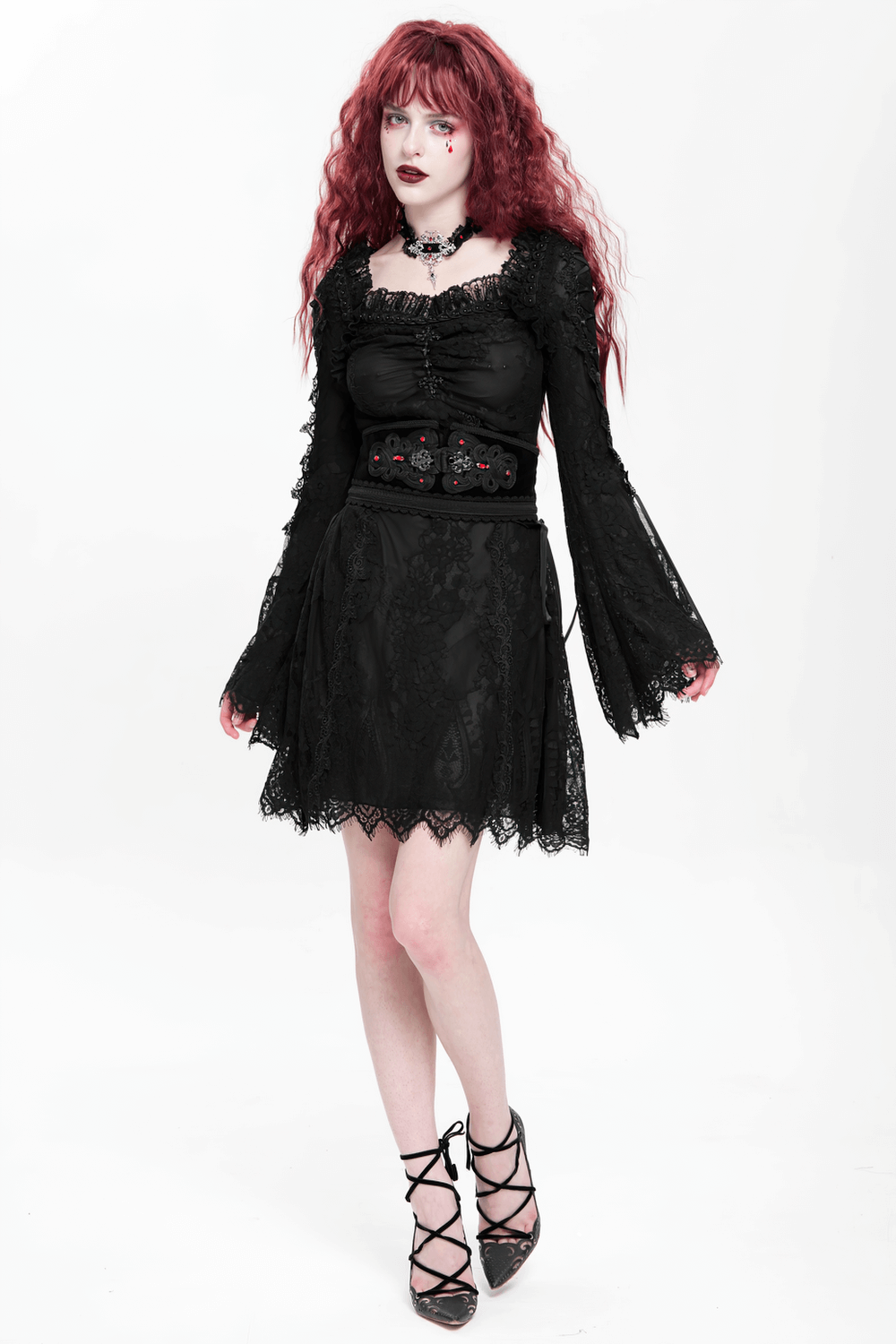 Elegant Gothic Black Lace Mini Dress with Flared Sleeves - image 19